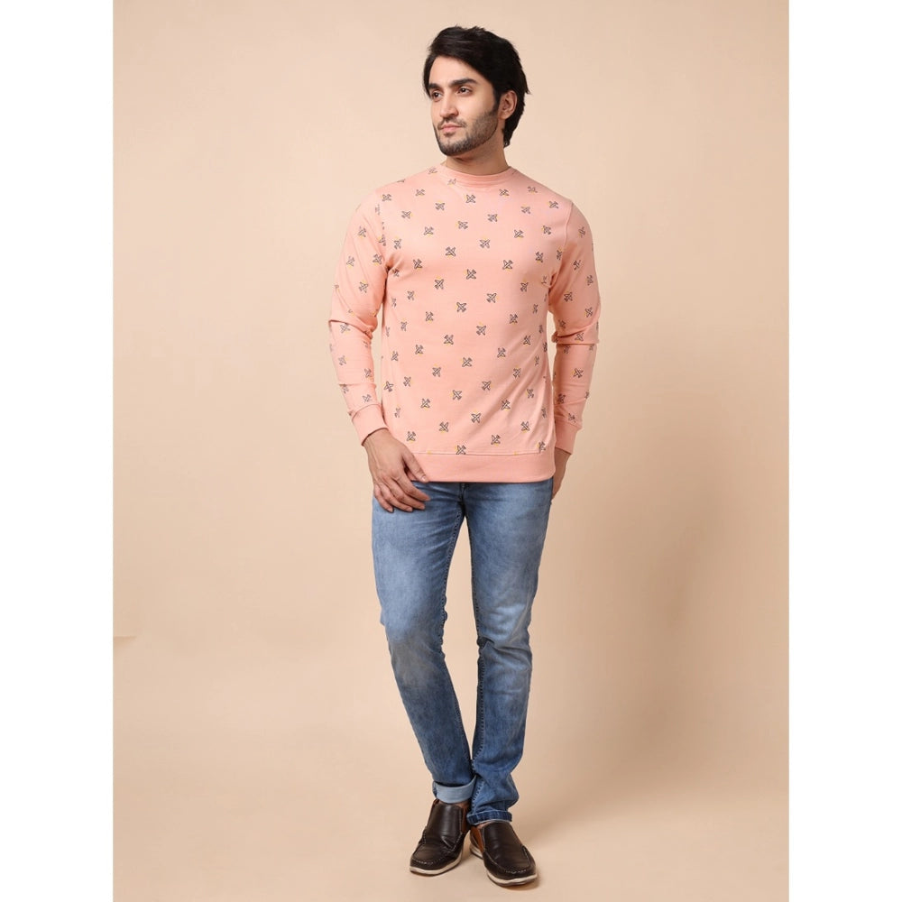Men's Casual Cotton Printed Round Neck Full Sleeve Sweat T-Shirt (Peach)