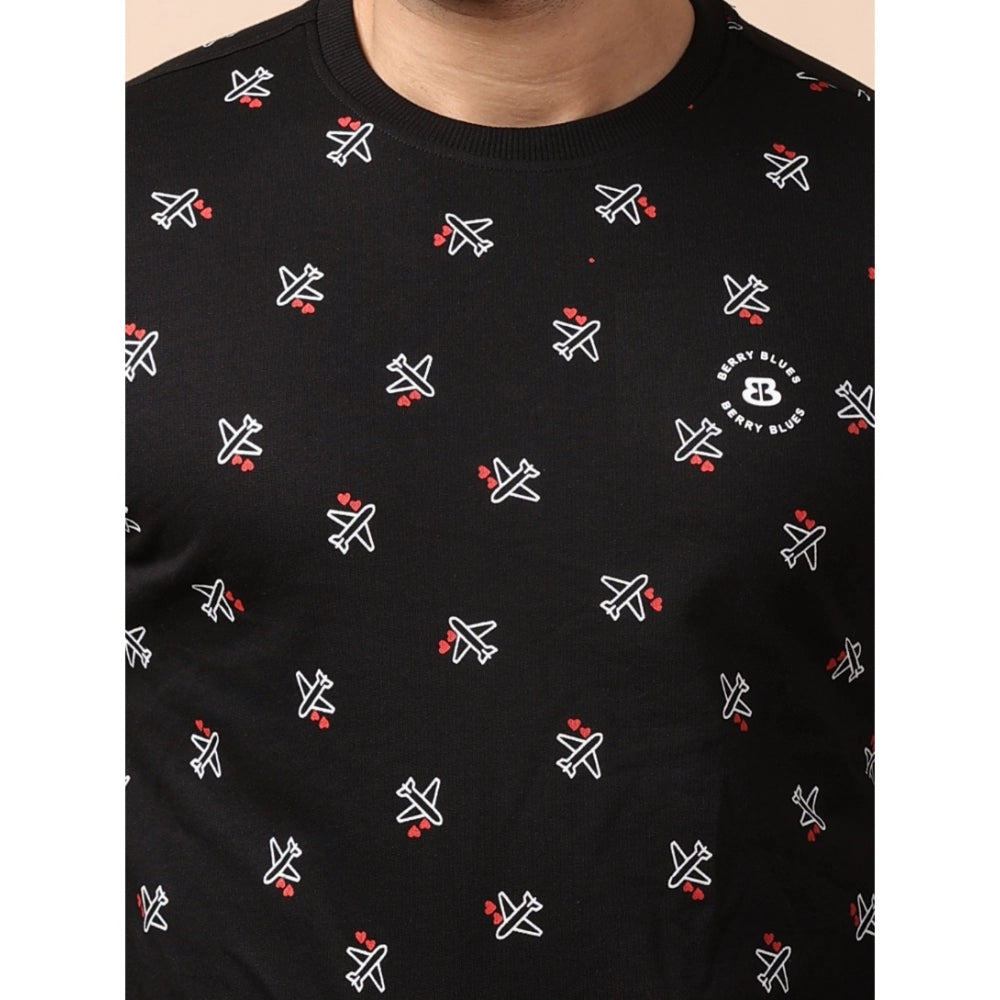 Men's Casual Cotton Printed Round Neck Full Sleeve Sweat T-Shirt (Black)