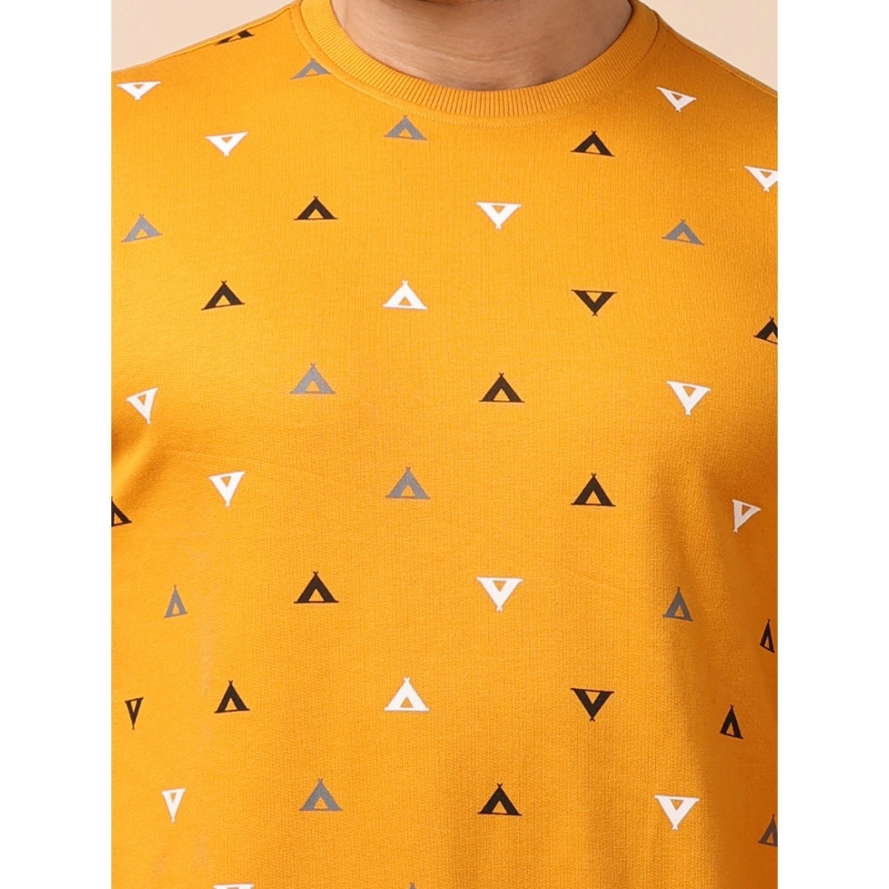 Men's Casual Cotton Printed Round Neck Full Sleeve Sweat T-Shirt (Mustard)