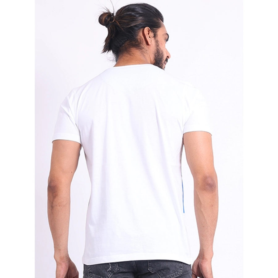 Blue cotton printed men's casual round neck half sleeve t-shirt with vibrant pattern detail