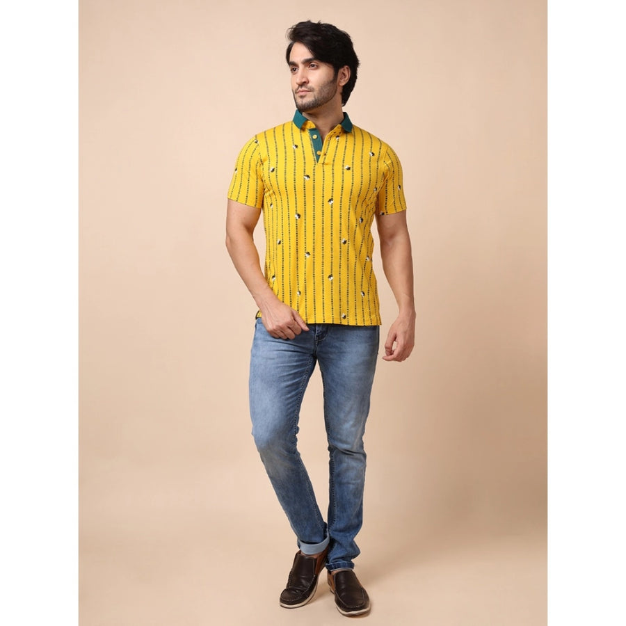 Yellow cotton printed polo neck half sleeve t-shirt for men, casual style