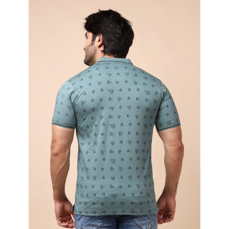 Grey cotton printed polo neck half sleeve t-shirt for men's casual wear, featuring unique patterns