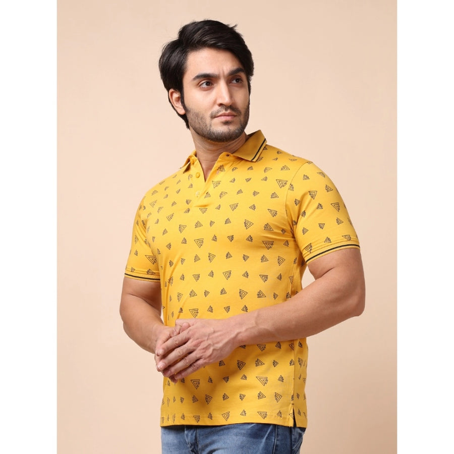 Men's casual cotton printed polo neck half sleeve t-shirt (mustard) - vibrant mustard cotton tee with unique design on display