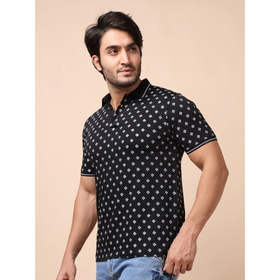 Black cotton printed polo neck half sleeve t-shirt with casual design