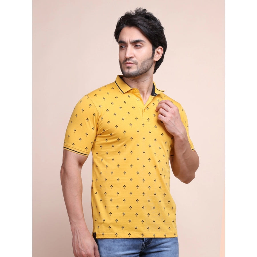 Mustard cotton printed polo neck half sleeve T-shirt for men's casual wear