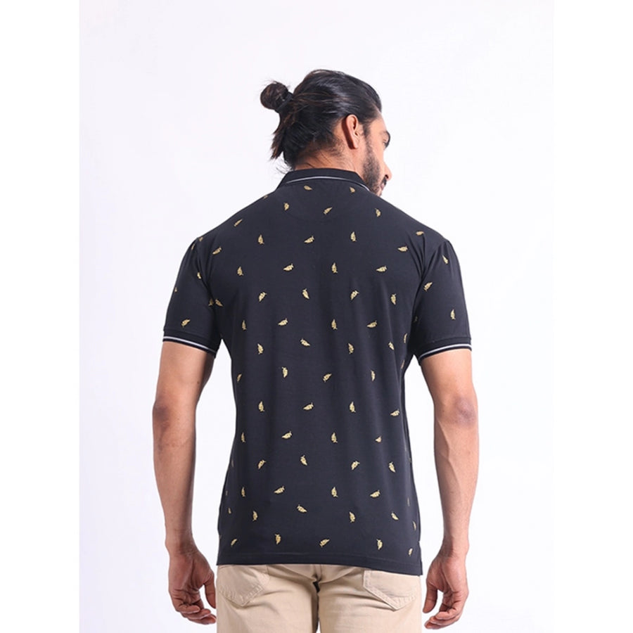 Black cotton printed polo neck half sleeve t-shirt for men - casual wear with distinctive pattern
