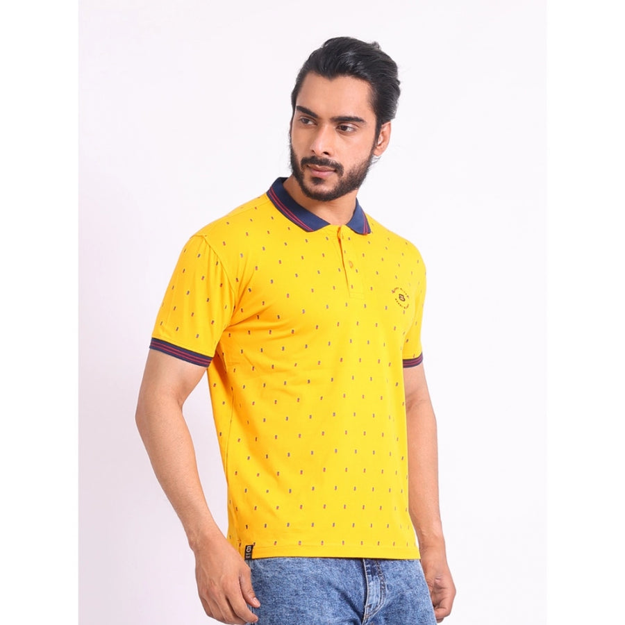Men's casual cotton turmeric printed polo neck half sleeve t-shirt