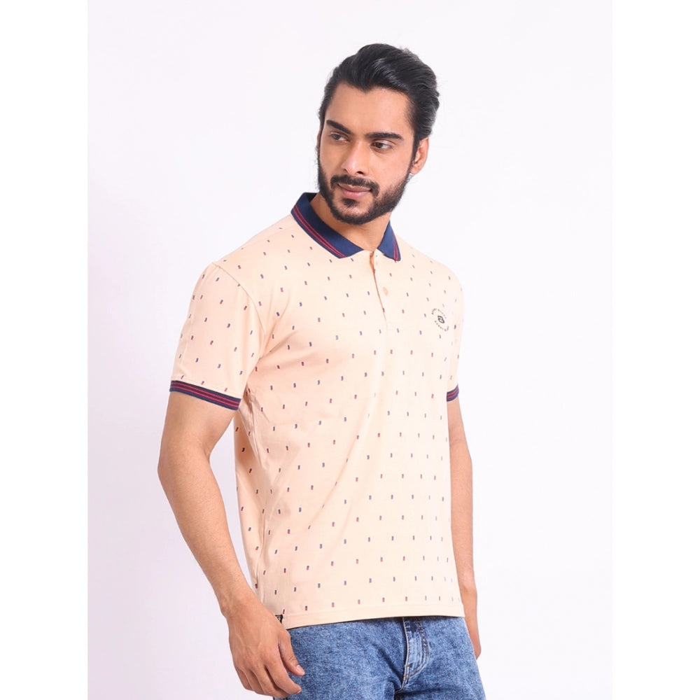 Peach cotton printed polo neck half sleeve t-shirt for men - casual wear with vibrant pattern