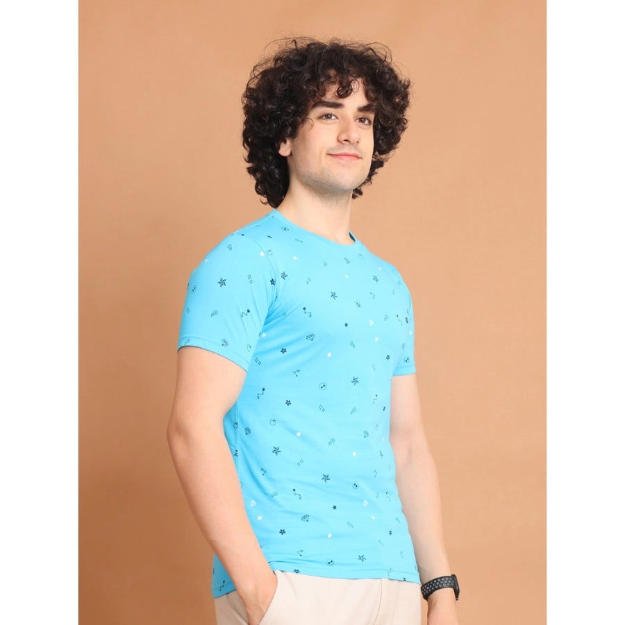 Skyblue cotton printed men's casual round neck half sleeve t-shirt with vibrant pattern detail