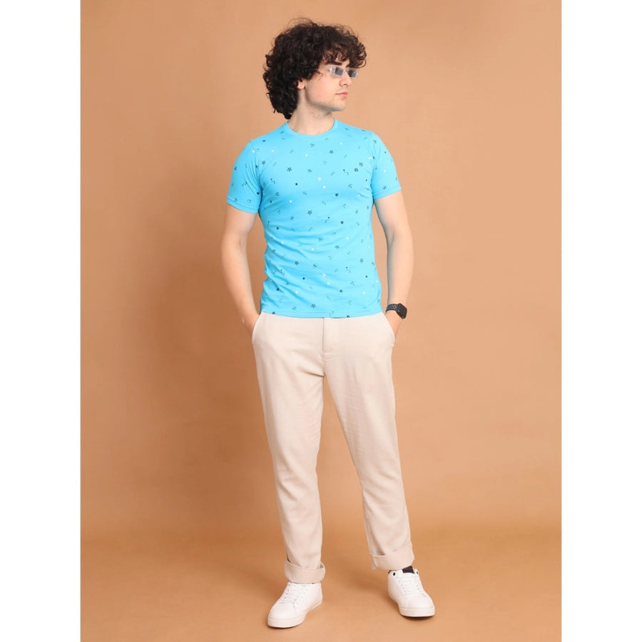 Skyblue cotton printed round neck half sleeve men's casual t-shirt, vibrant pattern design