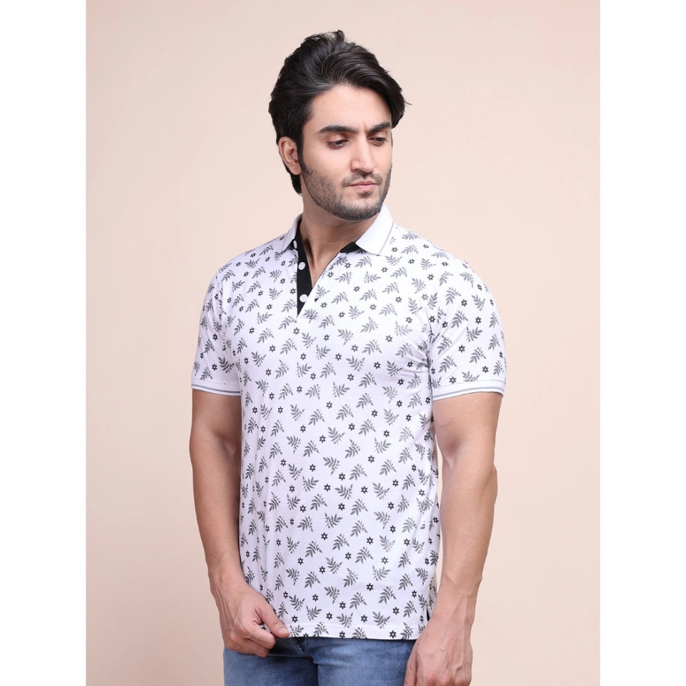 White cotton printed polo neck half sleeve t-shirt for men - casual style with patterned design