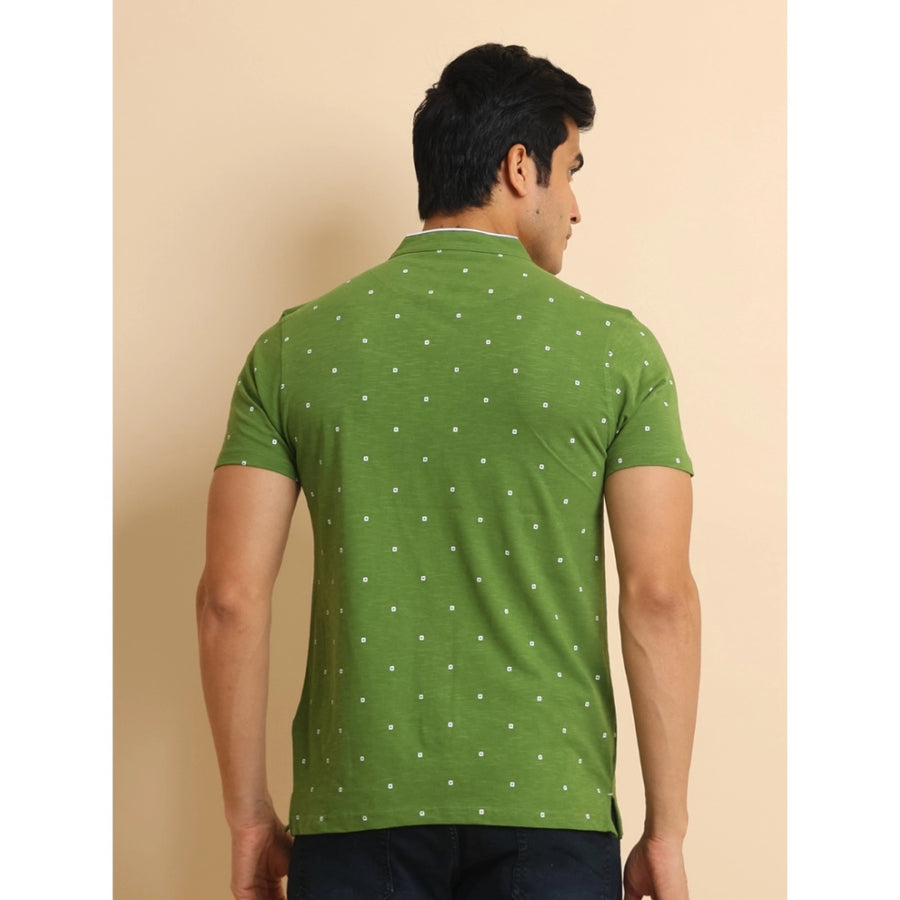 Green cotton printed mandarin collar half sleeve men's casual t-shirt with vibrant pattern detail