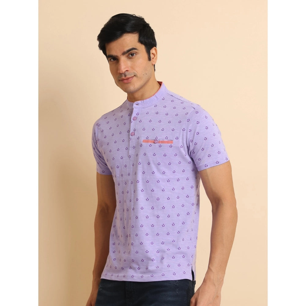 Lavender cotton printed mandarin collar half sleeve t-shirt for men, casual fashion wear on model