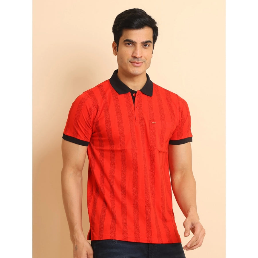 Red cotton printed polo neck half sleeve t-shirt for men, casual style