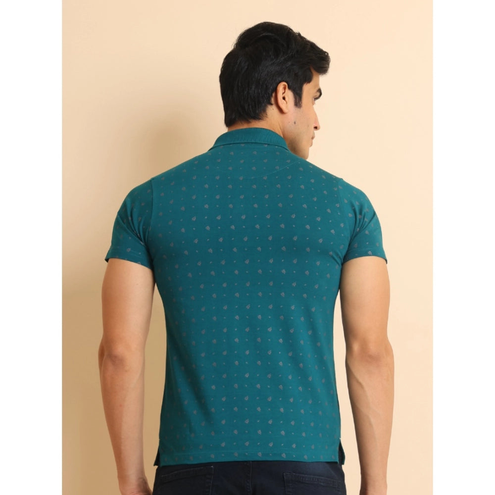 Green cotton printed polo neck half sleeve t-shirt for men, casual style with vibrant pattern