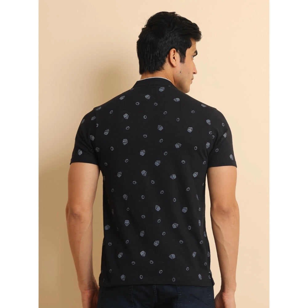 Black cotton printed men's casual half sleeve t-shirt with mandarin collar, featuring vibrant design