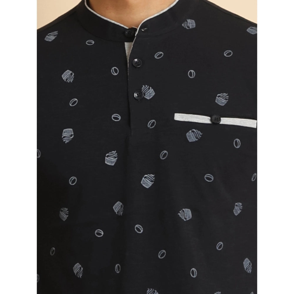 Black cotton printed men's casual t-shirt with a half sleeve and mandarin collar, featuring vibrant design