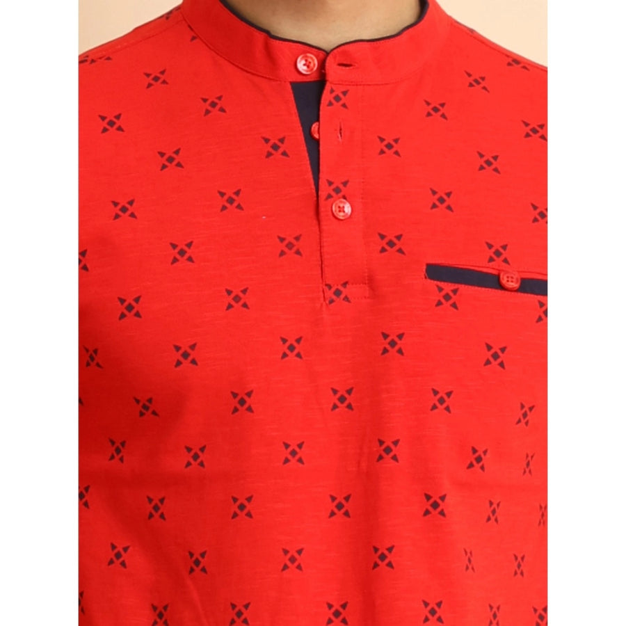 Men's Casual Cotton Printed Mandarin Collar Half Sleeve T-Shirt (Red)
