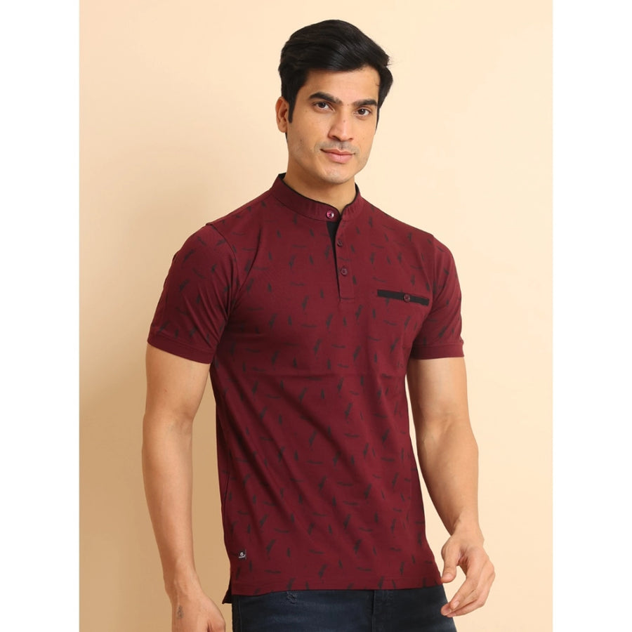 Plum printed cotton men's casual half sleeve mandarin collar T-shirt