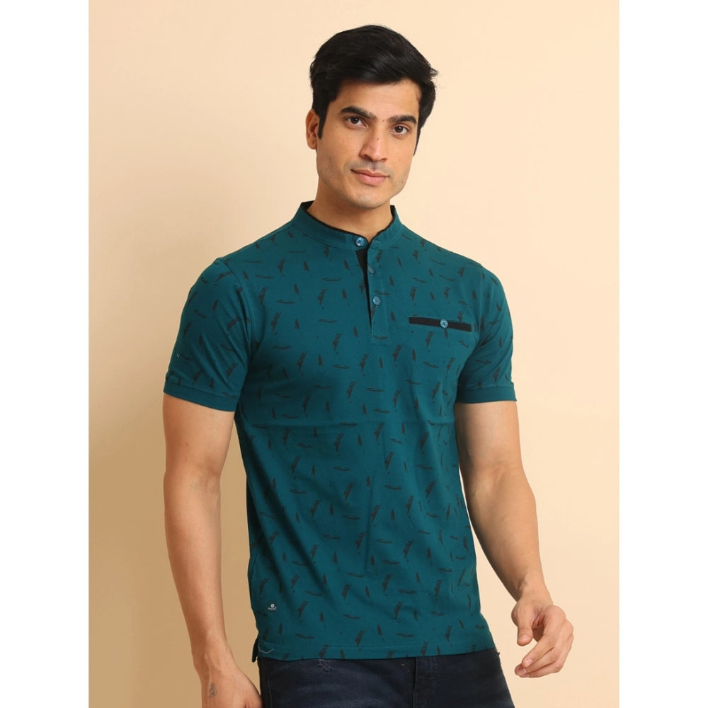 Green cotton printed mandarin collar half sleeve t-shirt for men's casual wear