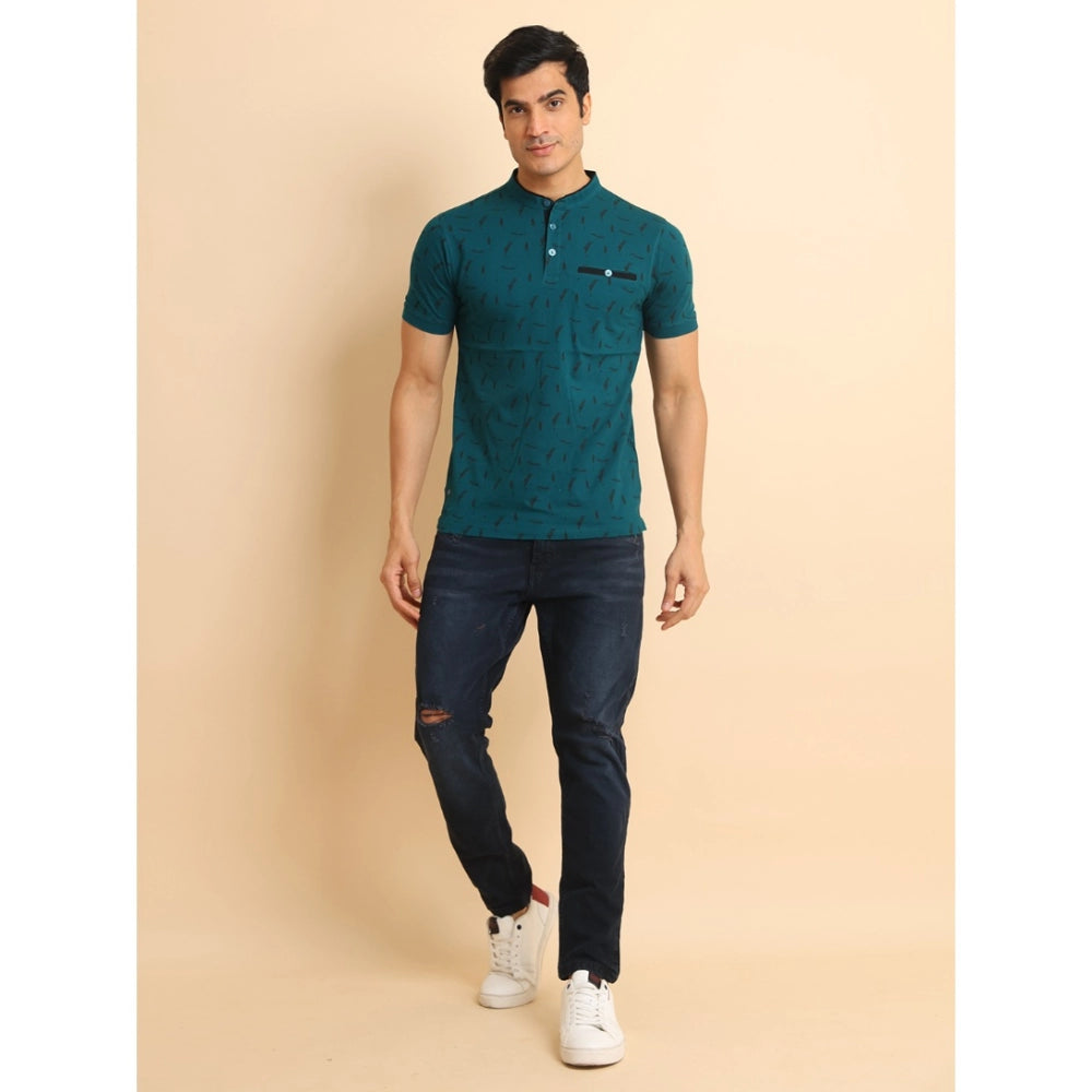 Green cotton printed mandarin collar half sleeve t-shirt for men's casual wear (patterned)
