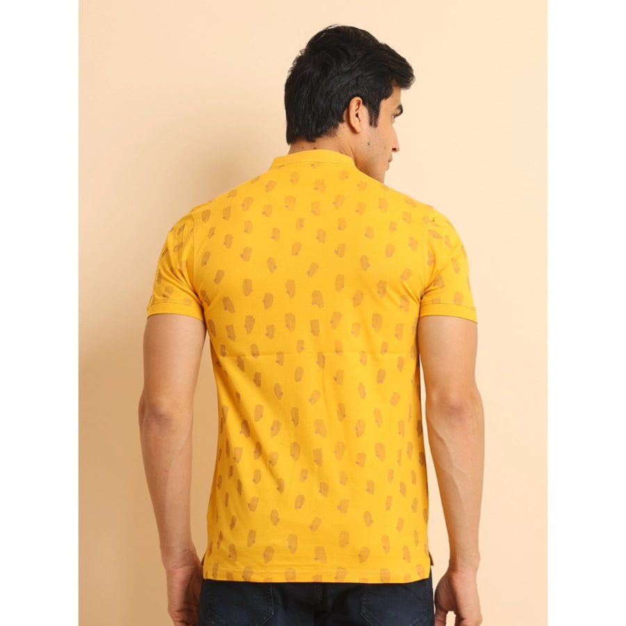 Men's casual cotton printed mustard mandarin collar half sleeve T-shirt with vibrant design on chest