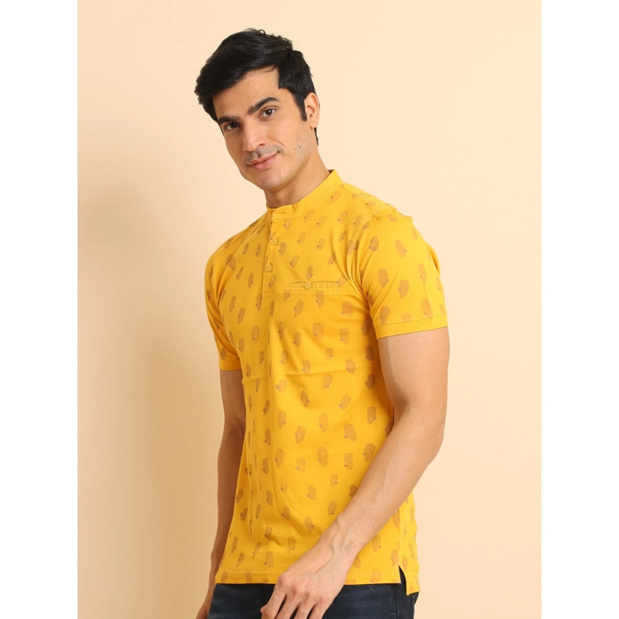 Men's mustard cotton printed half sleeve mandarin collar t-shirt, casual style for everyday wear