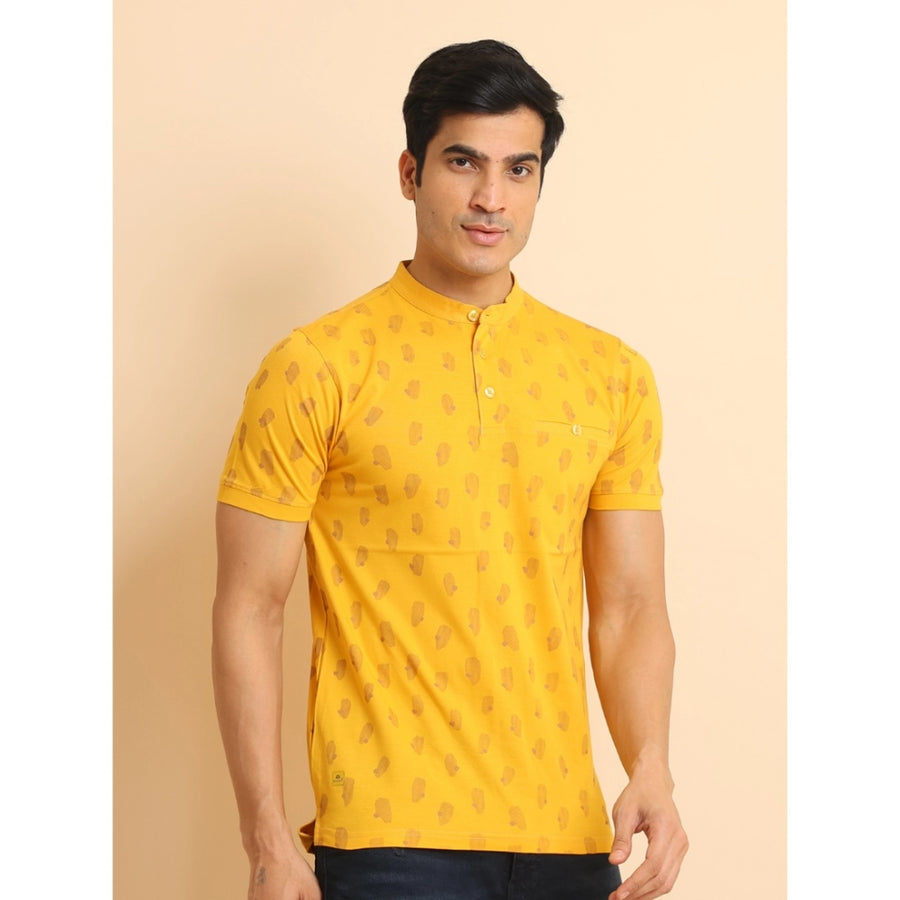 Men's casual cotton printed mustard mandarin collar half sleeve t-shirt with vibrant design