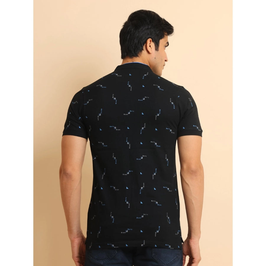 Navy cotton printed mandarin collar half sleeve t-shirt with casual design
