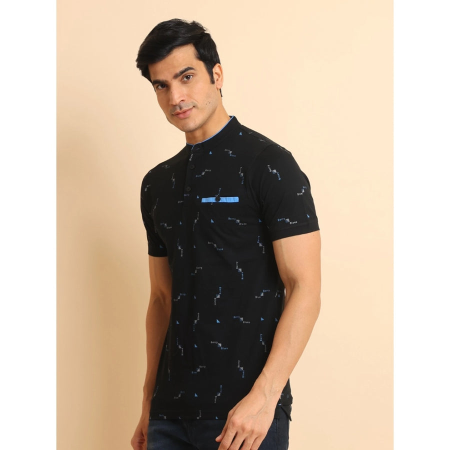 Navy cotton printed mandarin collar half sleeve men's casual t-shirt with vibrant graphic design