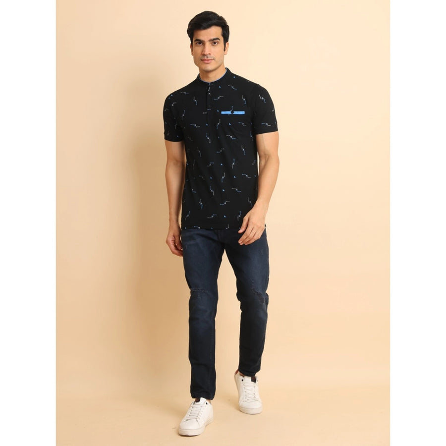 Navy cotton printed mandarin collar half sleeve t-shirt with casual design