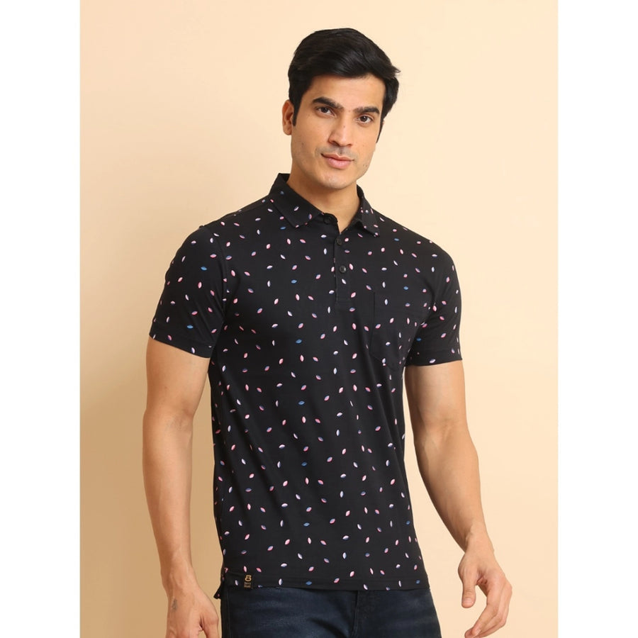 Black cotton printed polo neck half sleeve t-shirt for men, casual style