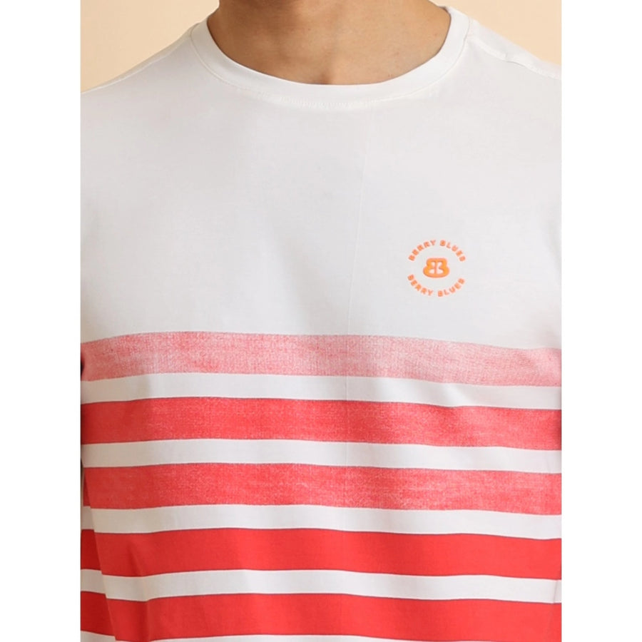 Red cotton printed round neck half sleeve men's casual t-shirt with vibrant design