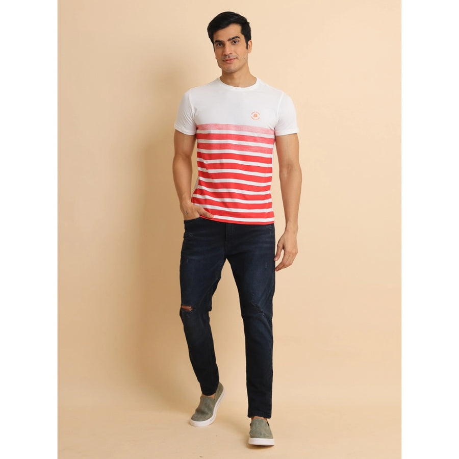 Red cotton printed men's casual round neck half sleeve t-shirt with vibrant patterns