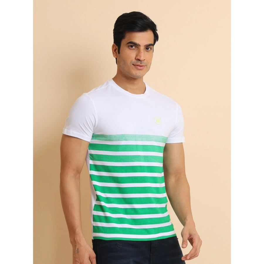 Green cotton printed men's casual round neck half sleeve t-shirt - vibrant design on display stand