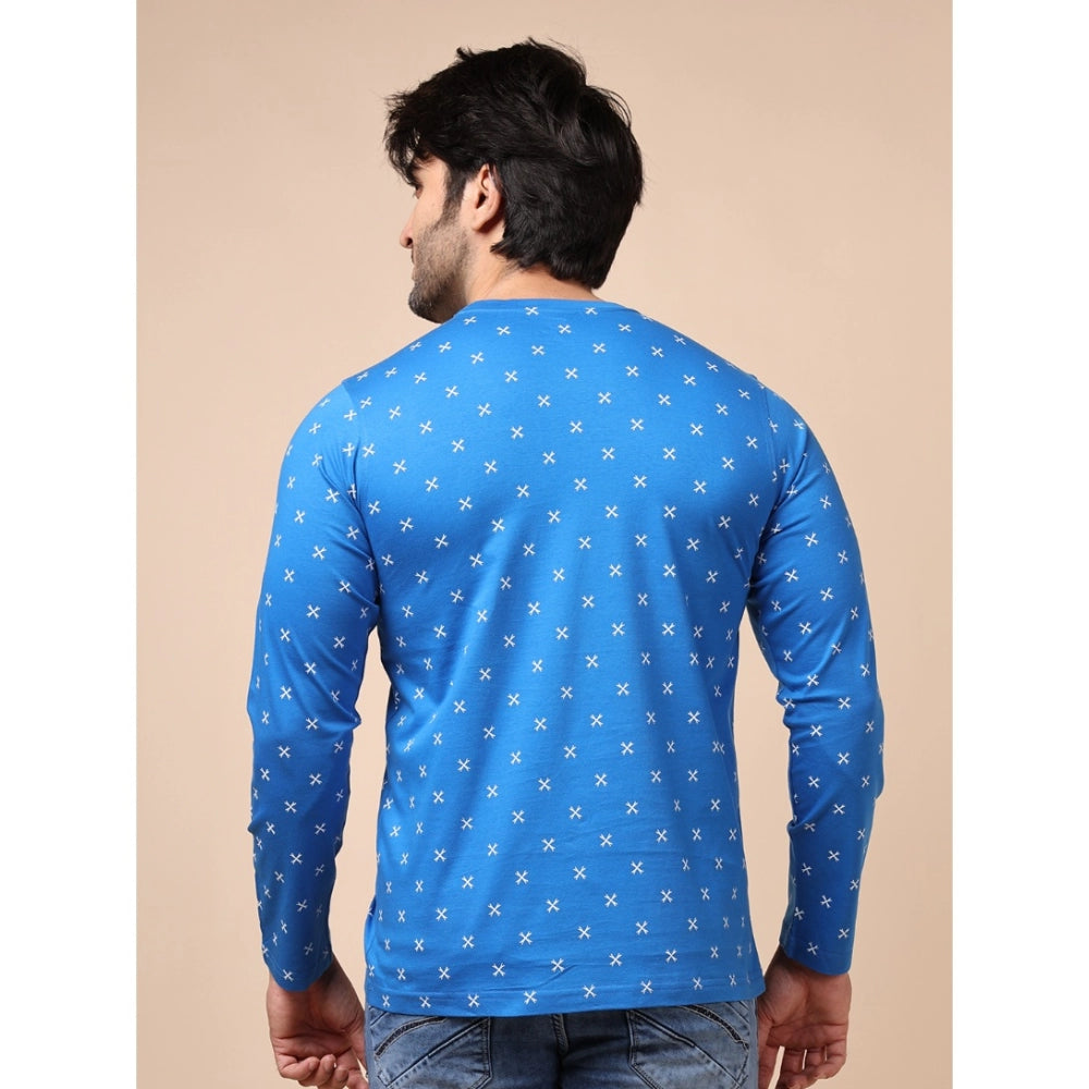 Blue cotton printed round neck full sleeve t-shirt for men - casual wear
