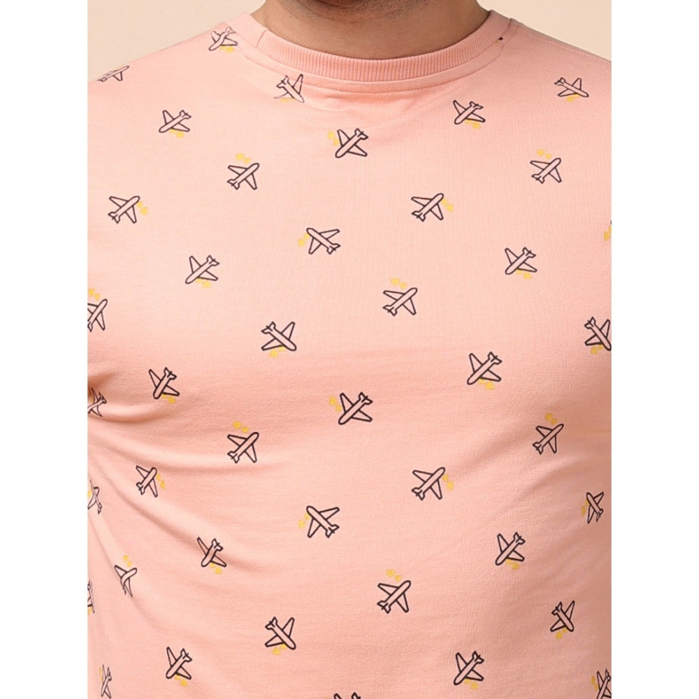 Men's Casual Cotton Printed Round Neck Full Sleeve Sweat T-Shirt (Peach)