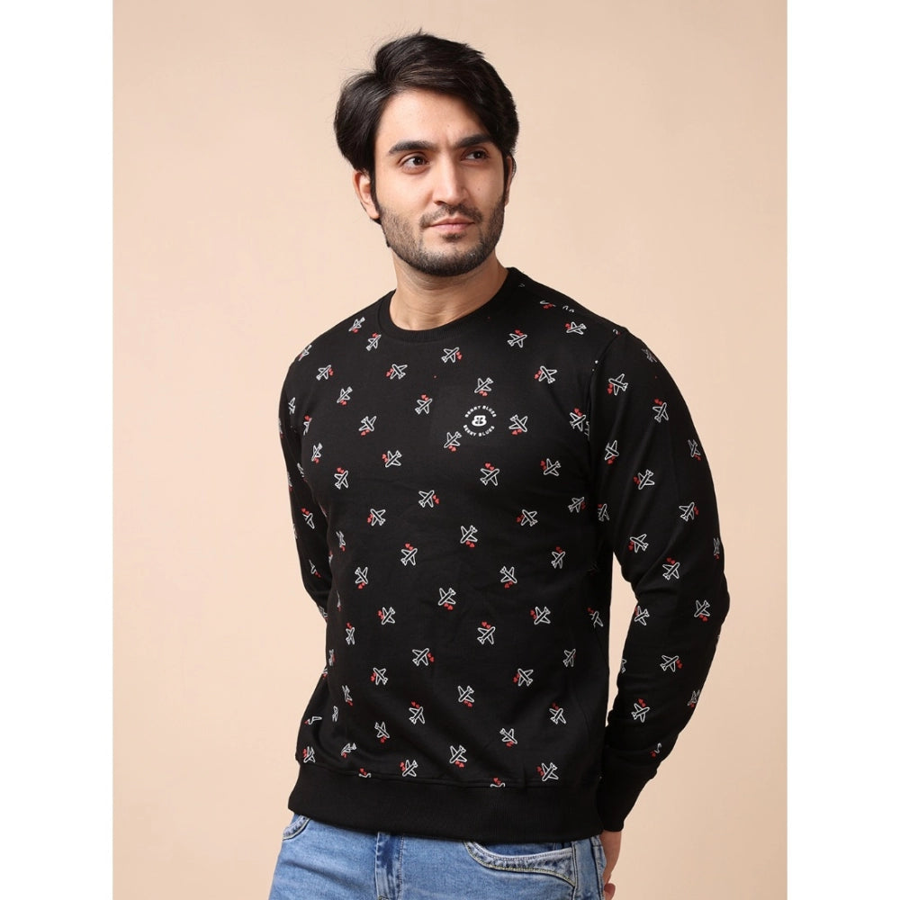 Men's Casual Cotton Printed Round Neck Full Sleeve Sweat T-Shirt (Black)