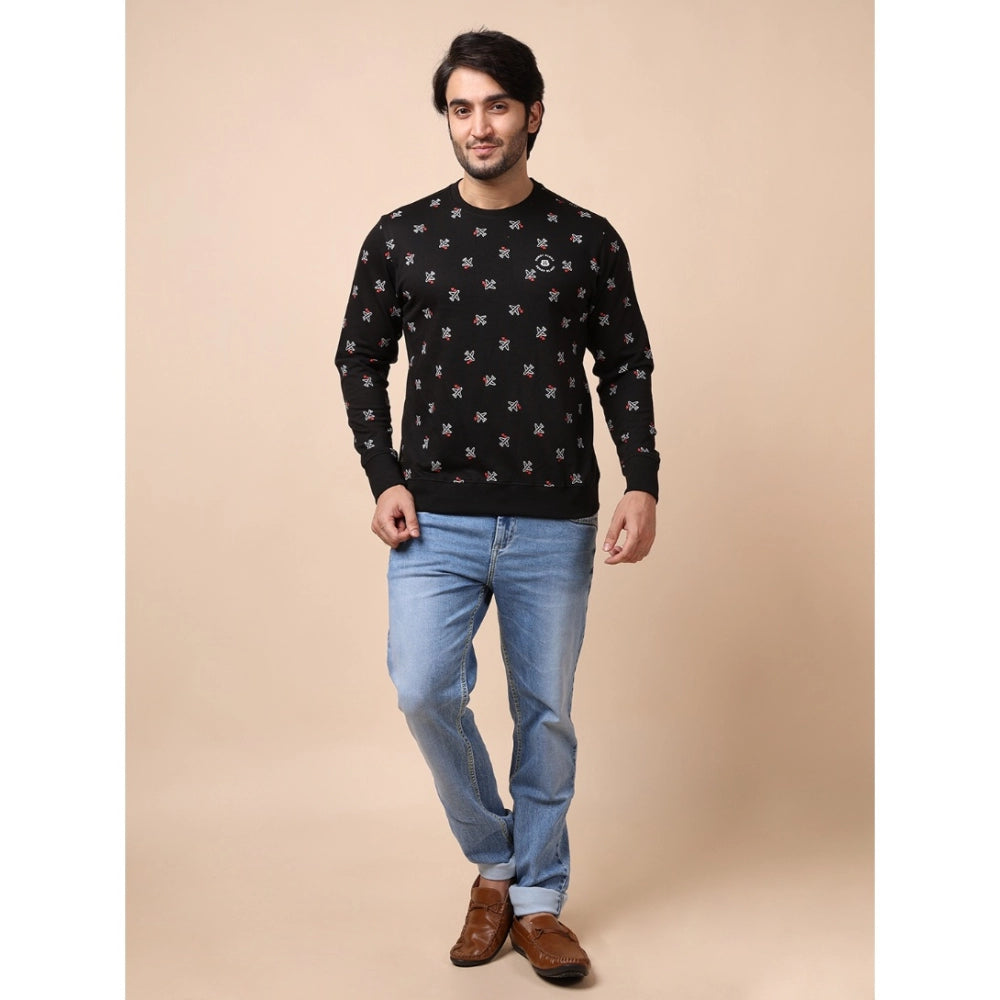 Men's Casual Cotton Printed Round Neck Full Sleeve Sweat T-Shirt (Black)