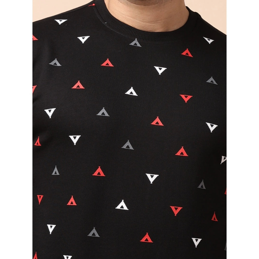 Black cotton printed men's casual round neck full sleeve sweat T-shirt with vibrant pattern design