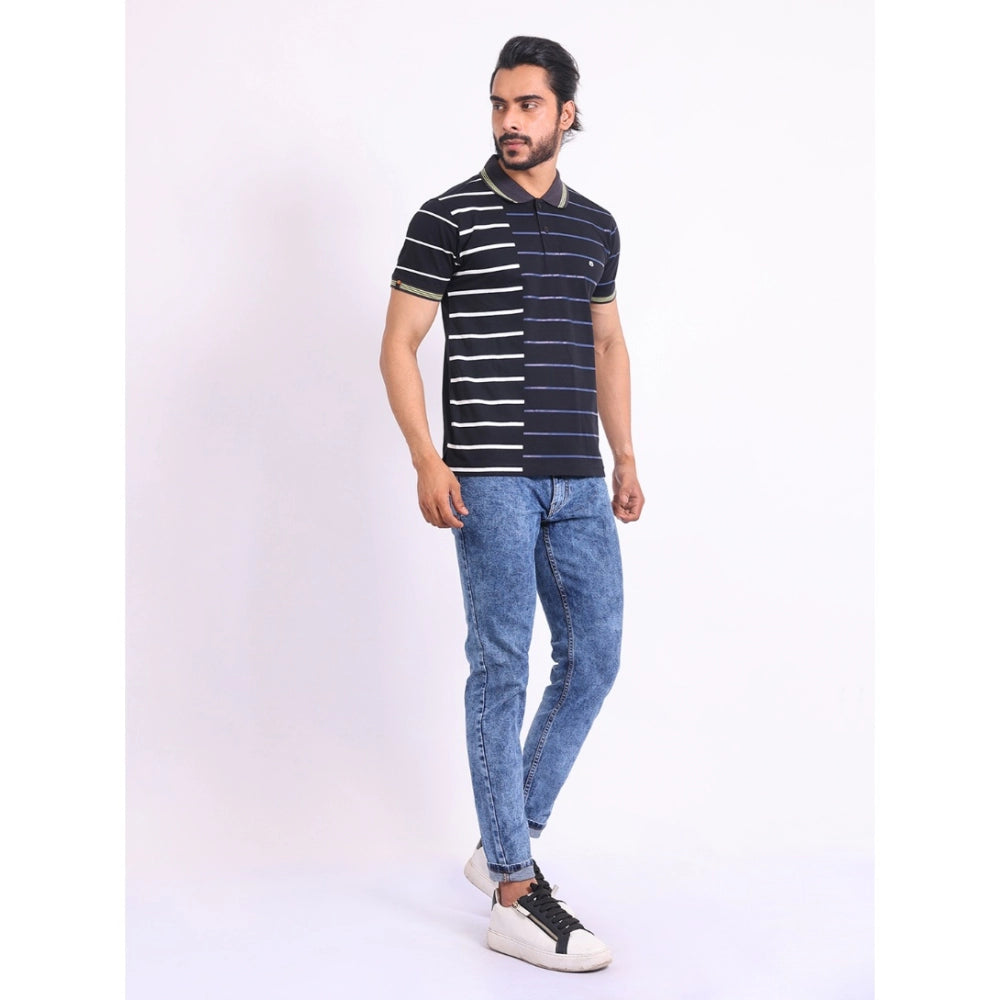 Black cotton printed polo neck half sleeve t-shirt for men - casual style with vibrant imagery