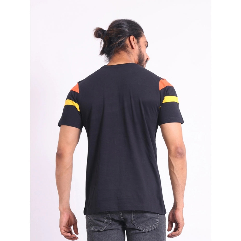 Black cotton printed men's casual round neck half sleeve t-shirt with vibrant graphics