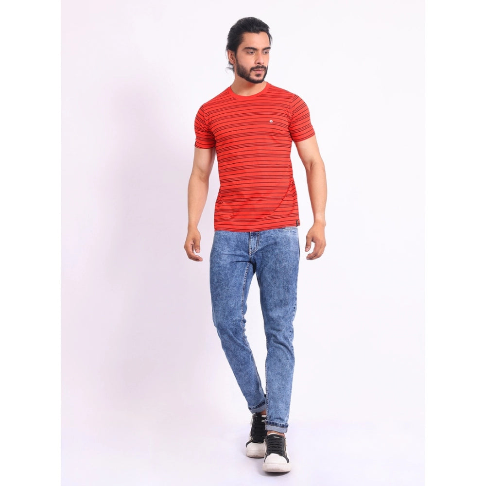 Red cotton men's casual printed round neck half sleeve t-shirt, vibrant graphic design on chest