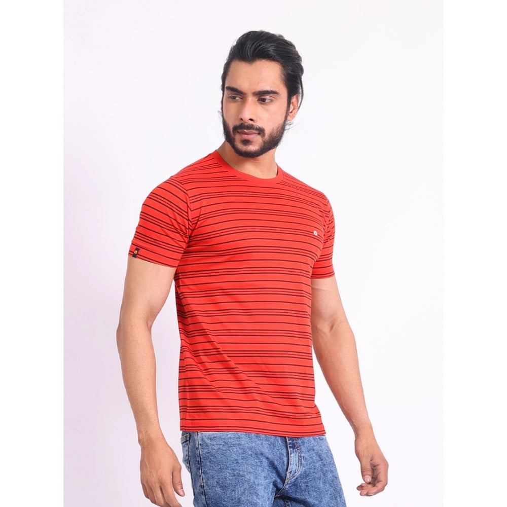 Red cotton men's casual printed round neck half sleeve t-shirt with vibrant pattern detail