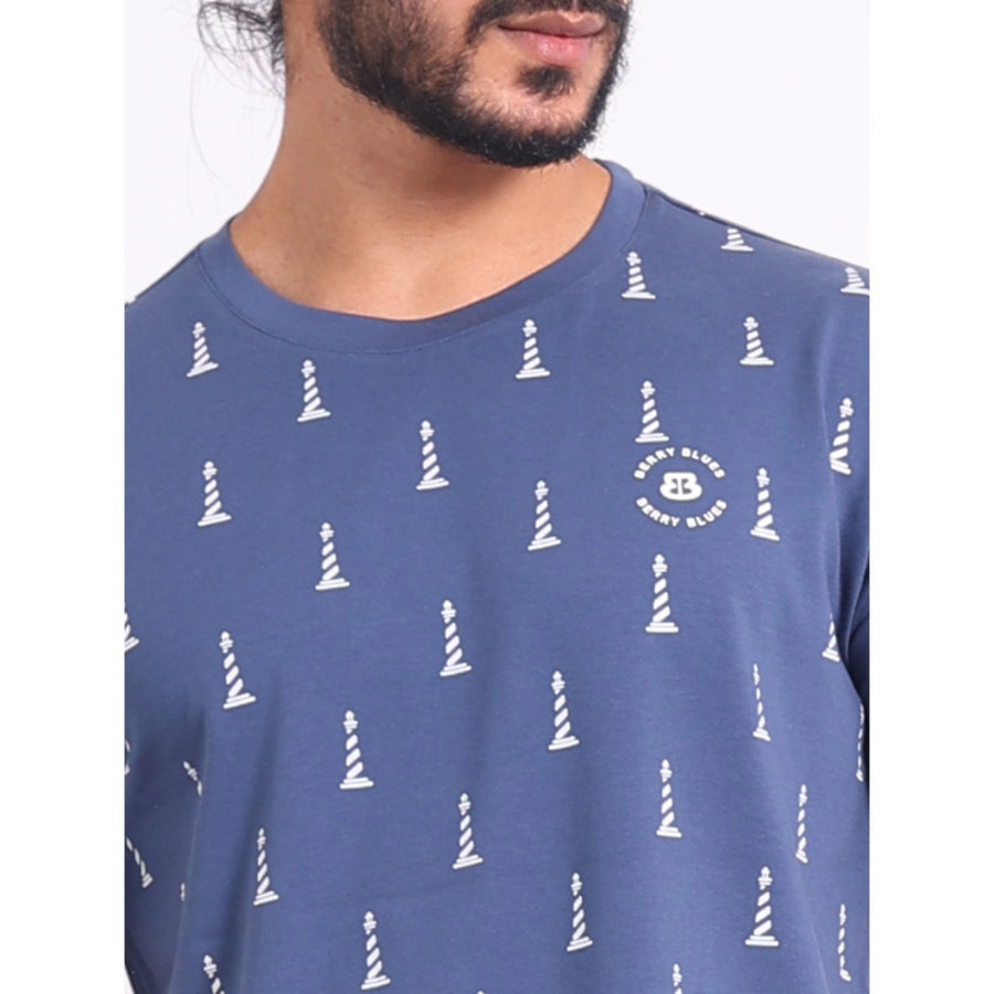 Blue cotton printed round neck half sleeve men's casual t-shirt with vibrant design on chest [Blue, Cotton, Printed]