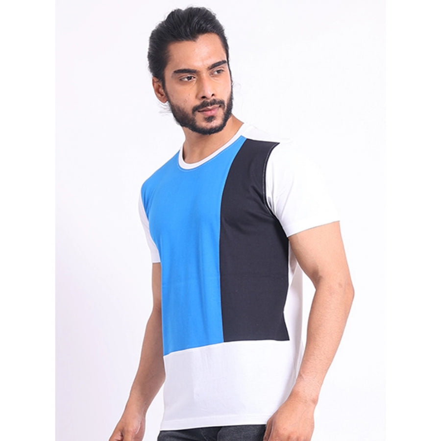 Blue cotton printed casual round neck half sleeve t-shirt for men, vibrant design on display
