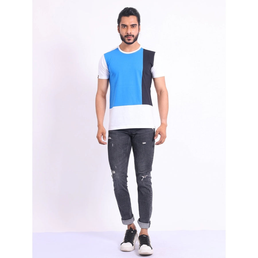 Blue cotton printed round neck half sleeve casual t-shirt for men