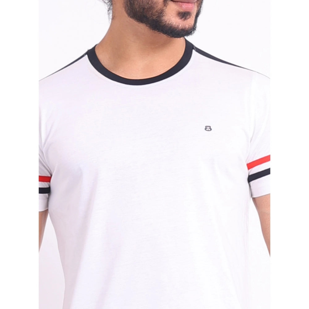 White cotton printed men's casual round neck half sleeve t-shirt with vibrant patterns, ideal for a laid-back style