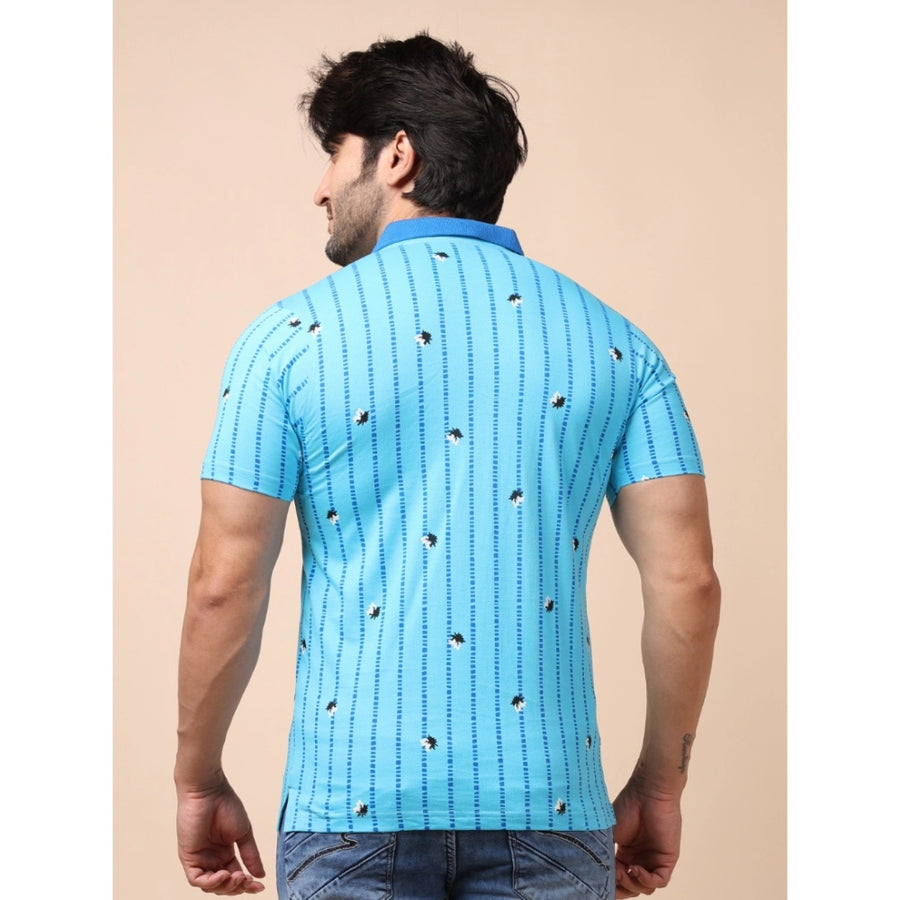 Skyblue cotton printed polo neck half sleeve casual t-shirt - versatile men's fashion essential