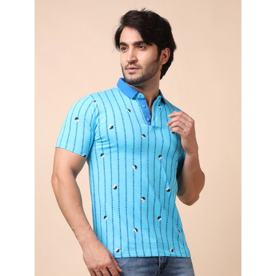 Skyblue cotton printed polo neck half sleeve t-shirt for men - casual leisurewear with graphic design